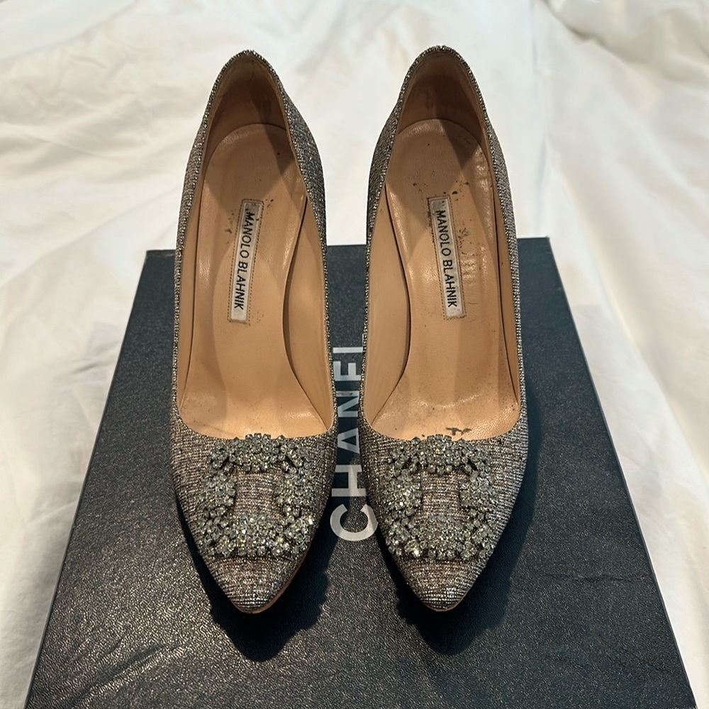 Manolo Blahnik Hangisi Glitter Tweed 4 inch pumps